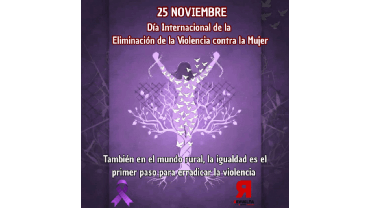 Infografía en morado con una mujer saliendo de un árbol con pájaros y rompiendo unas cadenas
