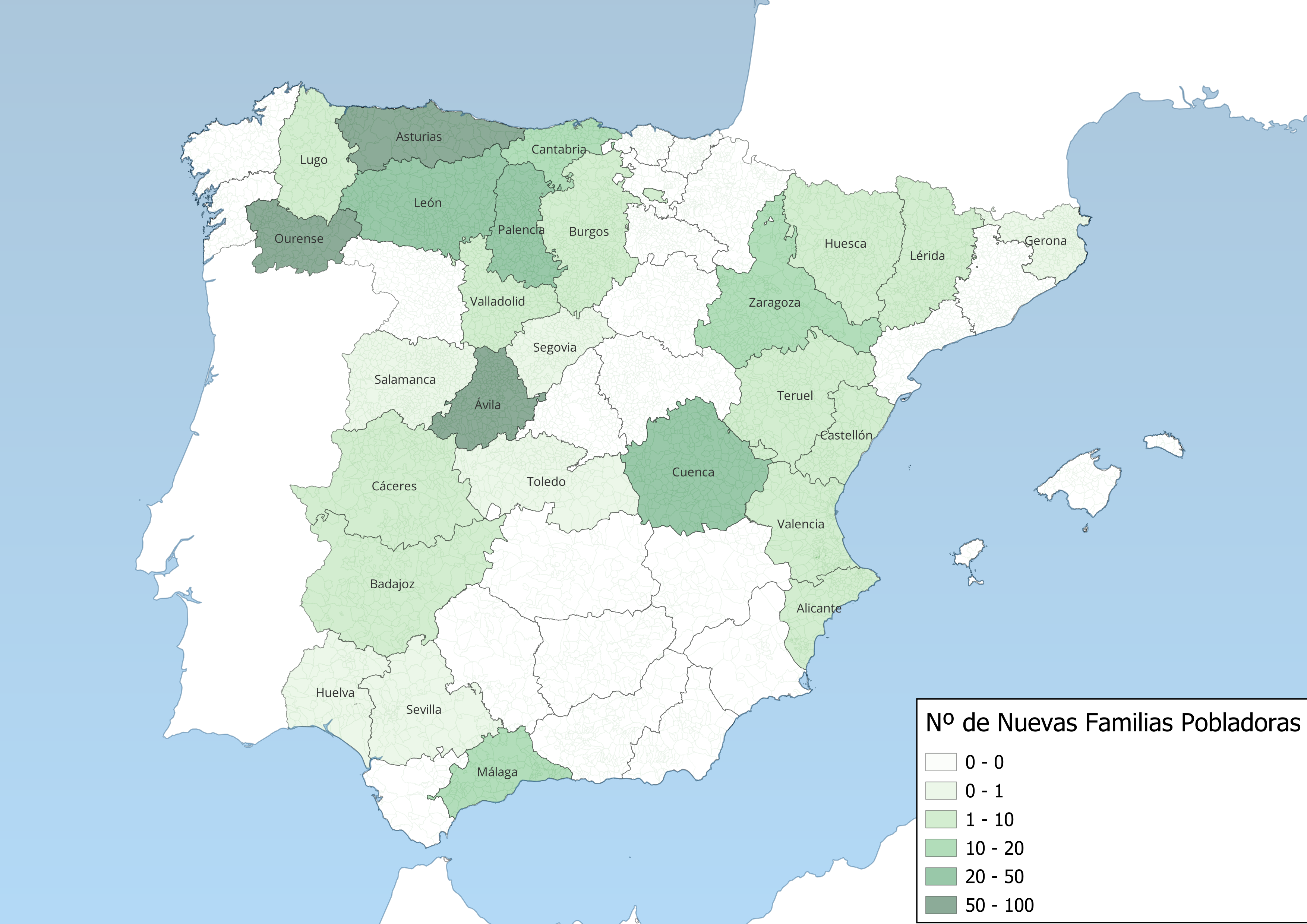 Mapa de España con los representación de colores de las nuevas pobladoras