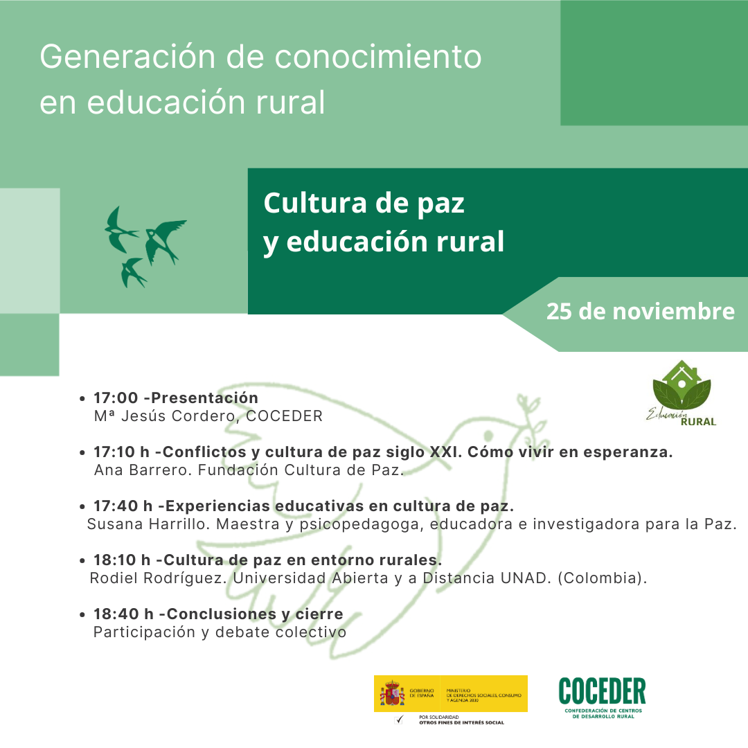 Infografía con el programa del webinar cultura de paz y educación rural
