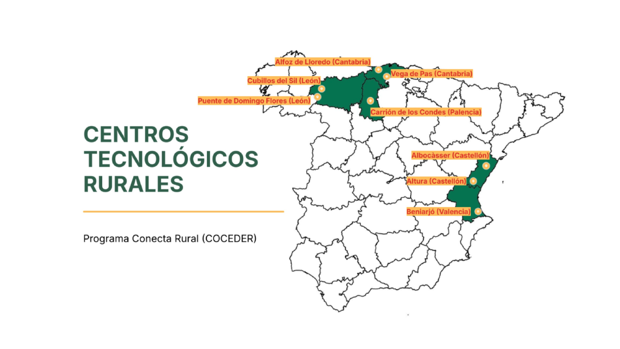 Mapa de España con los centros tecnológicos rurales. Programa Conecta Rural de COCEDER