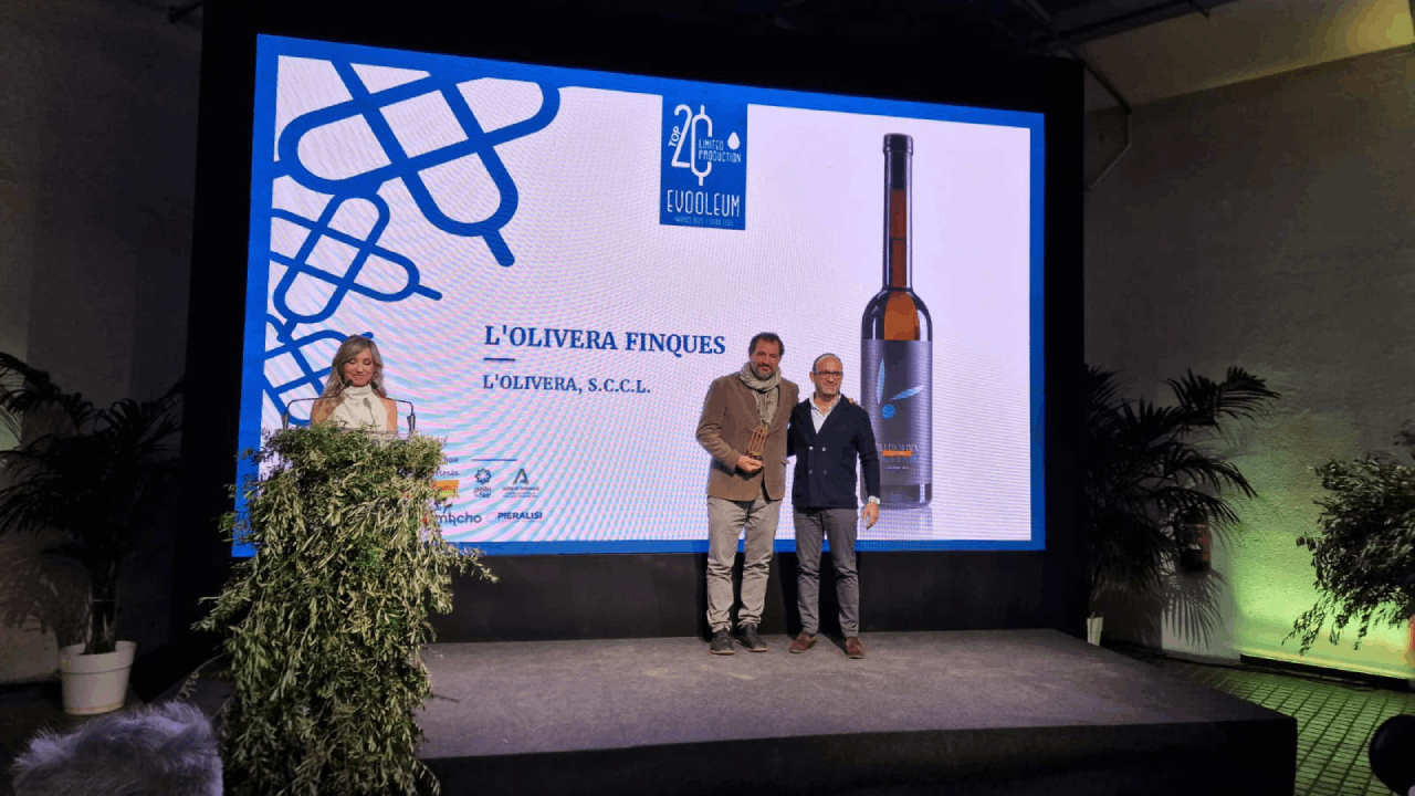 Dos personas en un escenario sujetando un premio