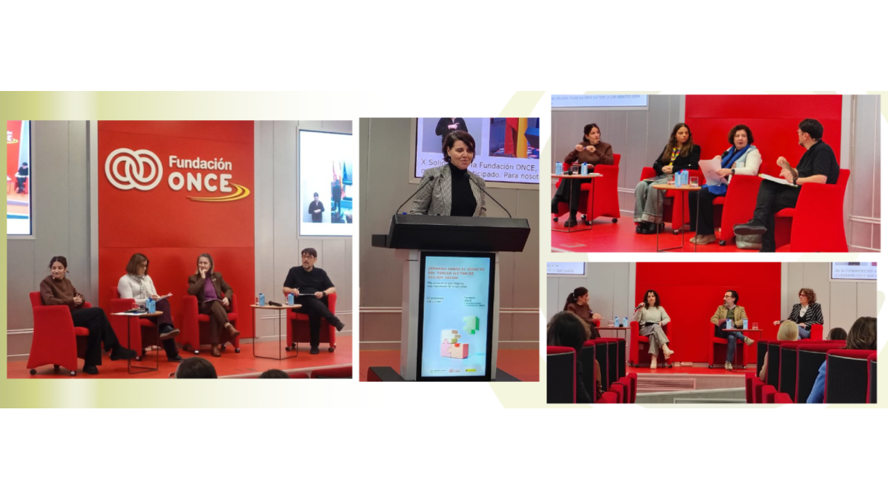 Mosaico de fotos de la jornada de personas sentadas hablando en grupos