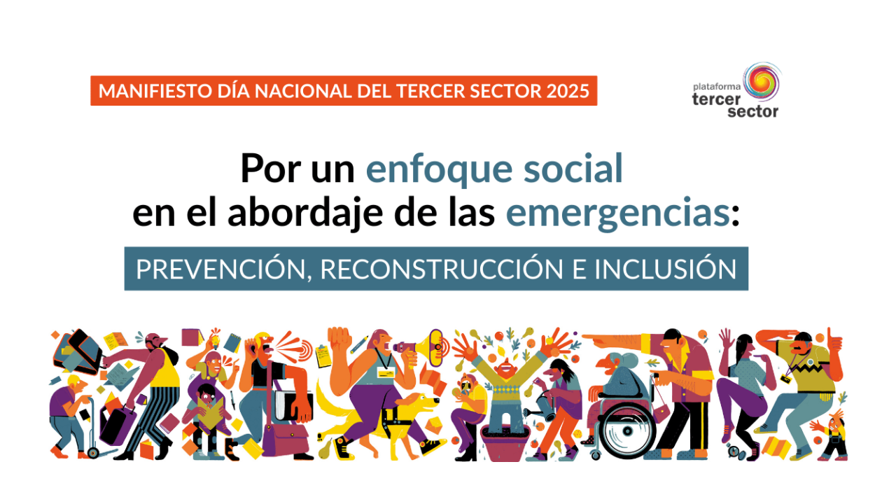 Infografía del cartel del manifiesto "por un enfoque social en el abordaje de las emergencias" con unos dibujos