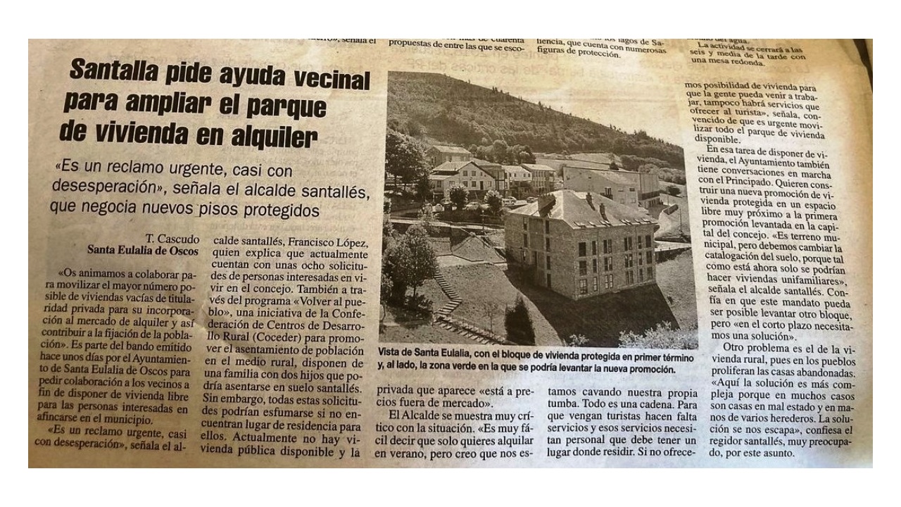 Recorte de periódico La Nueva España. Santalla pide ayuda vecinal para ampliar el parque de vivienda en alquiler: