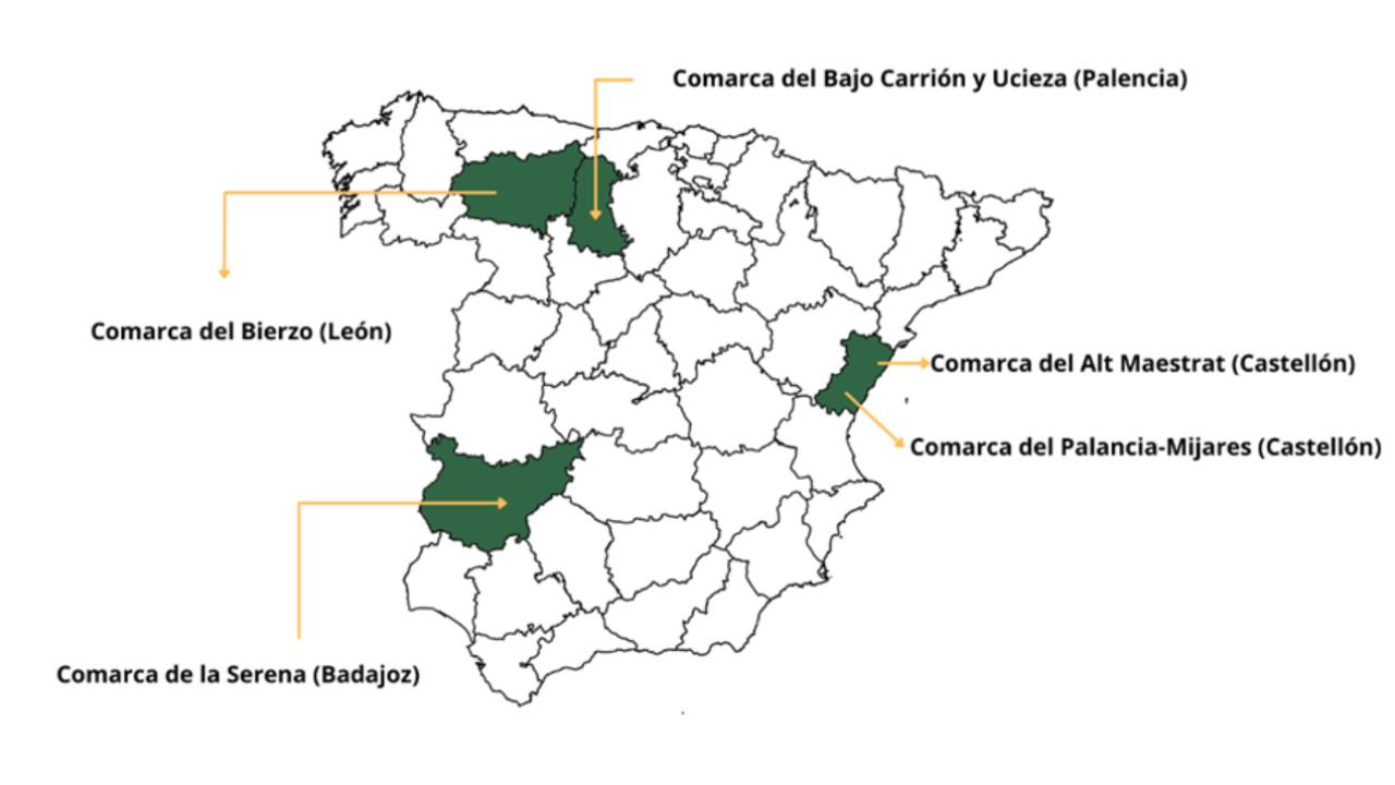 Mapa de España con la selección de las zonas donde se ha realizado el estudio