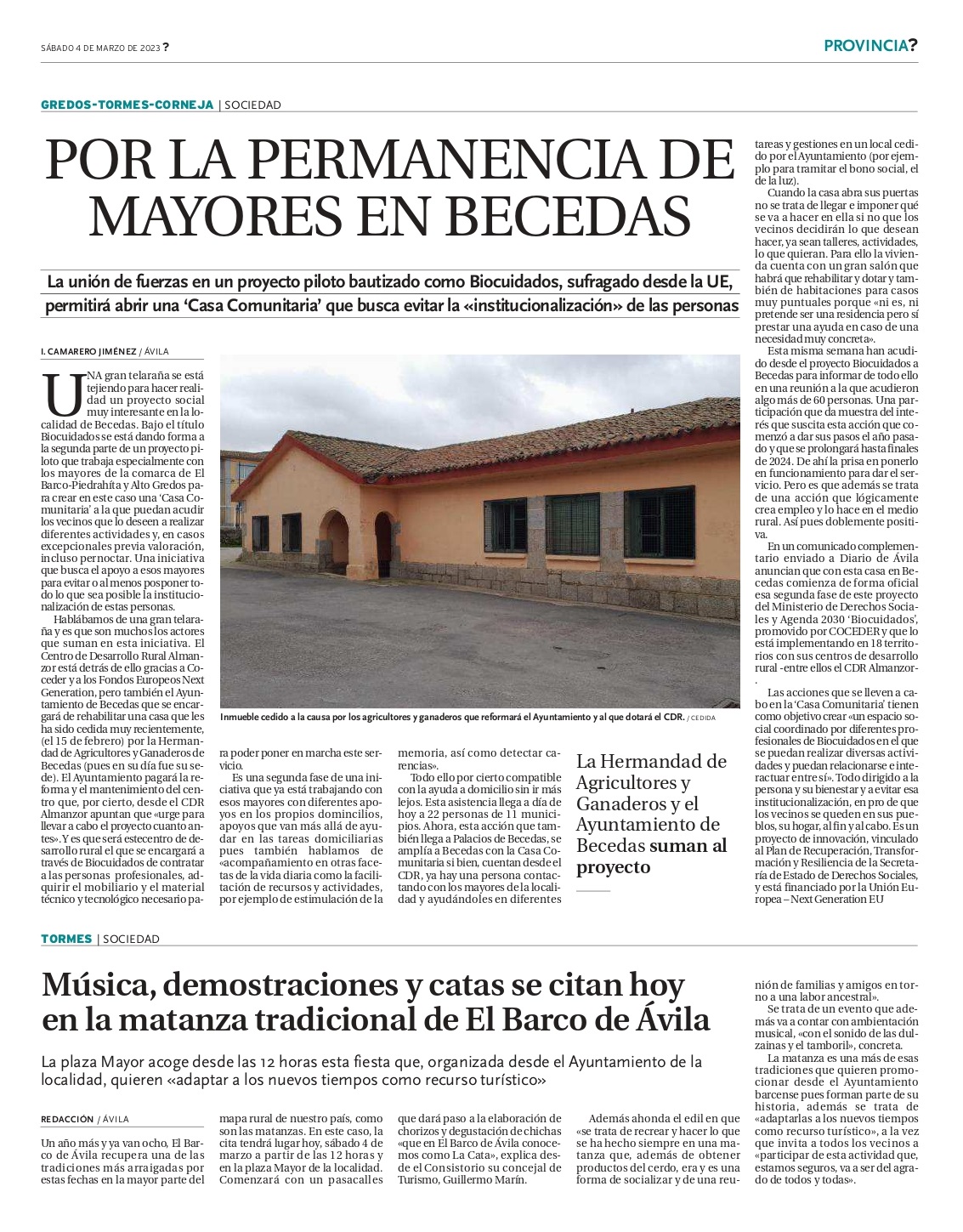 Página de prensa del Diario de Ávila sobre el proyecto de Biocuidados